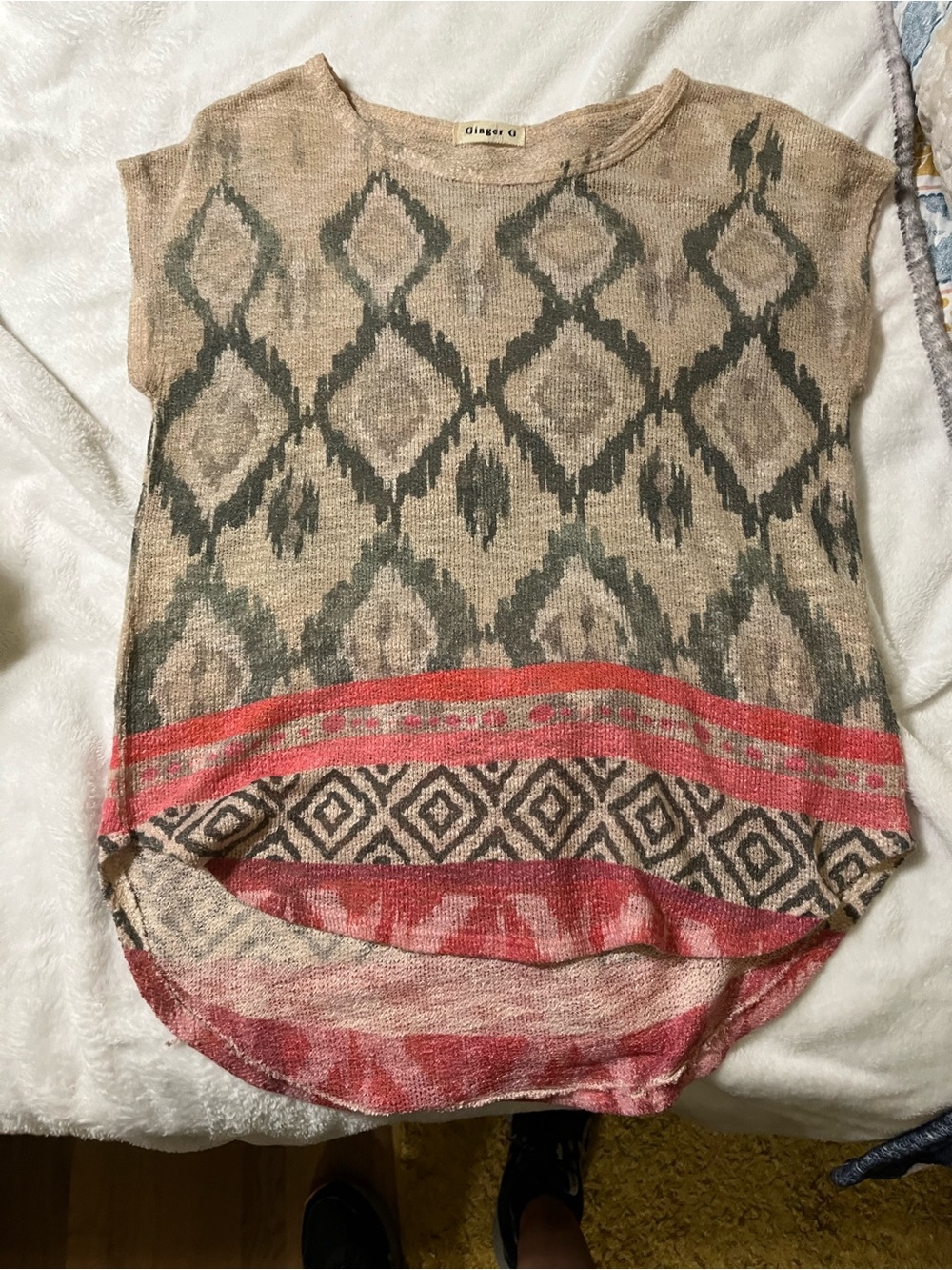 Ginger G Beige Ikat Print Cap Sleeve Top with Coral Trim